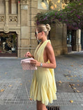 MQTIME  -  ﻿ Yellow Lace Women Short Dress Sexy V Neck Halter Sleeveless Backless Party Gown Summer Chic Beach Holiday Lady Vestidos