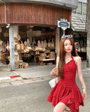 MQTIME  -  Woman Dresses Floral Printed Sleeveless Halter Irregular Ruffles Bow Bandage Backless Sexy Mini Dress Sweet Elegant Party