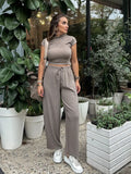 MQTIME -  2024 New Solid Casual Pants Sets Women Spring Summer Side Drawstring Cropped Tops+high Waist Trouser Suits Fashion Chic Outfits