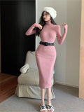 Mqtime autumn winter women solid elegant slim knitted dress korean long sleeve sweater dress office lady midi dress