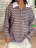 MQTIME  -  Women s Striped Long Sleeve T-shirt with Turn-down Collar Perfect for Casual Daily Wear in the Fall Season Streetwear Style