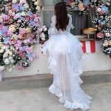 MQTIME  -  Sweet Lolita French Puff Sleeve Lace Bow Ruffle Tiered High Low Hem Tulle Dress Women Girls Graduation Party Evening Formal Wear