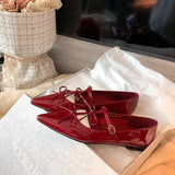 MQTIME  -  T-strap Pointed Toe Flats Shoes Women Bowtie Buckle Strap PU Leather Elegant Red Mary Janes Shoes Ladies Party Black Pumps