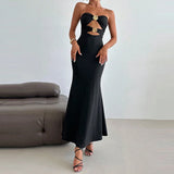 MQTIME  -  Trendy Skinny Metal Buckle Hollow Out Party Gown Sexy Strapless Twist Solid Evening Dress Elegant Lady Sleeveless One-piece Robe