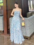MQTIME  -  Blue Printed Camisole Dress For Women'S Summer Retro Floral One Shoulder Pleated Open Back Slim Fit Long Skirt