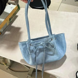 MQTIME  -  Harajuku Bow Blue Underarm Bags Women Hot Girls Leather Chic Casual Y2k Handbag Female Retro Cute Mini Bucket Bag 2024