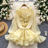 MQTIME  -  Summer New 3D Floral Beach Short Dress Female Long Sleeves Lace Up Ruffle Chiffon Cake Sundress Sheer Sexy Bohemian Vestidos