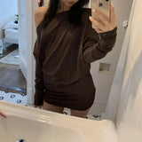 MQTIME  -  Women Asymmetric Off Shoulder Slim Mini Dress Long Sleeve Ruched Autumn Vintage Solid Knit Bodycon Party Bag Hip Short Dress New