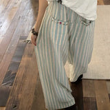 MQTIME  -  New Korean Fashion Blue Stripe Colorful Shell Buckle Wide Leg Pants for Women Summer High Waist Loose BF Lazy Style Causal Pants
