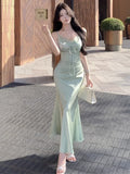 MQTIME  -  Woman Dress Sleeveless Satin V Neck Lace Patchwork Bandage Sexy Elegant Backless Mermaid Dresses Party Female Fashion