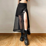 Mqtime Vintage Lace Stitching Casual Black Skirt Women Y2K 2024 Autumn and Winter New Korean Fashion Irregular Split Mid-length Skirt