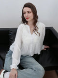  MQTIME  -  Women Elegant Chic Blouse Floral Embroidery Hollow Out Long Sleeve Buttons Shirts Spring Summer Casual Office Lady Tops