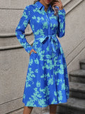 MQTIME  -  Office Lady Shirts Dress 2024 New Autumn Fashion Printed Long Sleeves Tied Waist Lace-up Casual Elegant Midi Dresses
