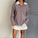 MQTIME  -  Women s Striped Long Sleeve T-shirt with Turn-down Collar Perfect for Casual Daily Wear in the Fall Season Streetwear Style