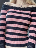  MQTIME  -  Women Long Sleeve Knit Tops Off-Shoulder Striped Casual Pullovers Sweater Fall Shirts  Y2K Aesthetic Clothes Streetwear