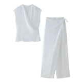 MQTIME  -  Summer Women's New Suits Solid V-Neck Sleeveless Off Shoulder Top+Side Bow Lace-Up Decoration Elastic Waist Pant Mujer