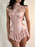 MQTIME  -  Custom Ivory High Neck Evening Dress Floral Lace Corset Prom Dresses Mini Vestidos De Noche Ruffle Formal Evening