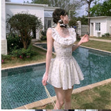MQTIME  -  New Fairy French Lace Edge Square Collar Sleeveless Dress Y2k Sweet Korean Print Slim Waist Clothes Summer Preppy Style Dress