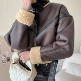 MQTIME  -  Woman's Fashion Thick Warm Faux Shearling Jacket Coat Women Vintage Long Sleeve Belt Hem Female Leather Outerwear Chic Tops