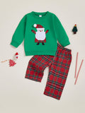 MQTIME  -  Boys Christmas 2Pcs Outfits Long Sleeve O Neck Reindeer Embroidery Tops Plaid Pants Sets with Matching Santa Hat
