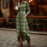 MQTIME  -  Plaid Print Shirt Women Dress Long Sleeve Button Side Pocket Casual Holiday Dress Daily Commute Streetwear Loose Maxi Dress