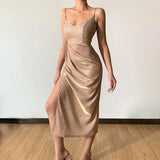 MQTIME  -  2024 Spring/Summer New Sexy Sparkling Pink Slim Fit Dress with Hanging Straps Women's Fashion Style Split Long Dress