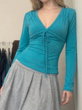  MQTIME  -  Folds Patchwork Solid V Neck Long Sleeve Temperament All Match Lace-up Women's T-shirts