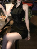 MQTIME  -  Elegant Party Style Casual Slim Open Waist Y2k Mini Dress Korean Fashion Clothing French Vintage Black Ruffle Sleeveless Dress