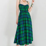 MQTIME  - Vintage Green Plaid Dresses Women Midi Sexy Backless Beach French Victorian Dress Retro Elegant Lace-up Long Strap Dress