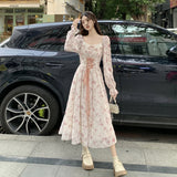 MQTIME  -  2024 Large Spring French Vintage Sweet Fragmented Flowers High Waist Slimming Chiffon Embroidered Dress Long sleeved Long Skirt