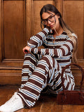  MQTIME  -  Fashion Striped Knitted Two-Piece Set For Women Round Neck Cardigan Top High Waist Straight-Leg Pants Casual Set 2026
