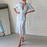 MQTIME  -  Chic Lace Trimmed Printed Dress Women Elegant Deep V-neck Waist Cinching Split Short Sleeve Maxi Dress Lady Party Vestidos