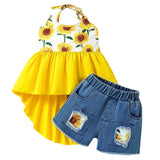 MQTIME  -  2Piece Summer Girls Boutique Clothes Fashion Cute Flowers Sleeveless Baby Tops+Denim Shorts Luxury Kids Clothing Set