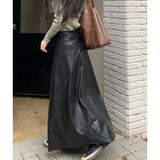 Mqtime Y2K Streetwear Solid Color All Match Faux Leather Mid-length Skirt Women  Autumn New High Waist Loose Casual A-line Skirt