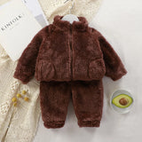  MQTIME  -   Children Fluffy Winter Suit Boys Girls Plush Thermal Sets Kids Autumn Flannel Coats+Pants 2Pcs Outfits Toddler Fleece Clothing