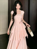 MQTIME  -  Korean Style Square Collar Long Dress Women Princess Style Sweet Elegant Fairy Dress Female Fashion Summer Casual Party Dress
