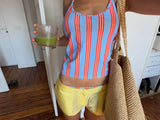  MQTIME  -  Women Blue Red Vertical Stripe Halter Tank Top U Neck Ruched Slim Crop Clothes Lady Summer Beach Vacation Casual Outfit