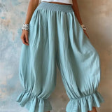 MQTIME  -  New Women Summer Casual Lantern Pants Fashion Falbala Ruffle Hem Elastic Waist Cotton Linen Blend Loose Fit Ladies Trousers