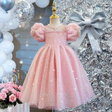 MQTIME  -  Girls Princess Long Dress Fashion Bow Sequin Puff Sleeve Tutu High End Formal Party Gown Ball New Style Children Evening Dress