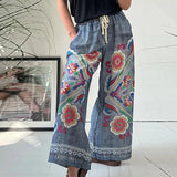 MQTIME  -  2024 Retro Elegant Women Printed Long Pants Fashion Pockets Temperament Pant All Match Mid Waist Drawstring Wide Leg Trousers