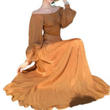 MQTIME  -  French Style Glossy Lantern Sleeves Kinked Butterfly One-word Shoulder Dress Pendant Long Dress