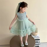 MQTIME  -  Girls' Mesh Dress New Princess Puffy Gown Kids Birthday Party Sleevless Tulle Vestidos Children Fashion Lace Clothing 2-10Y