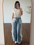 MQTIME  -  Y2k Women Light Blue Lace Denim Wide-leg Jeans High Street Stylish for Daily Wear Elegant Fashion Denim Pants Dragging Casual