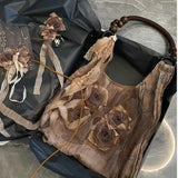 MQTIME  -   Fairy Core Rose Handbag Women Vintage Chinese Style Folds Chic Black Shoulder Bags Ladies Retro Sweet Cool Y2k Purses