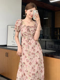 MQTIME  -  Tea break French rose floral dress for women's 2024 summer new high-end temperament bubble sleeve vacation long dress