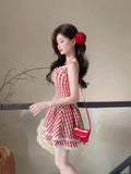 MQTIME  -  Plaid Dresses Women Bandage Sleeveless Slim Lace Patchwork Summer Fashion Sweet Elegant Party Mini Dress Female Casual