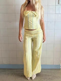 MQTIME  -  Women's Striped High Waist Wide Leg Pants Sets Chic Sleeveless Backless Halter Lace Up Tops Suits 2025 Summer Casual Street Wear