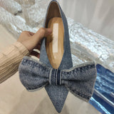 MQTIME  - New Designer Blue jeans bow flat shoes woman cloth patchwork flats sewing Pointed large bow denim loafers for women