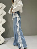 MQTIME  -  Y2k Women Light Blue Lace Denim Wide-leg Jeans High Street Stylish for Daily Wear Elegant Fashion Denim Pants Dragging Casual