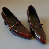 MQTIME  -  Retro Burgundy Chunky-Heel Women's Pumps and Heels T-Strap Buckle Design Pointed-Toe Mary Jane Shoes Elegant Party Designer Shoe
